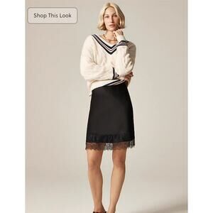 J. Crew Gwen Lace-Trim Slip Skirt In Textured Satin Black L